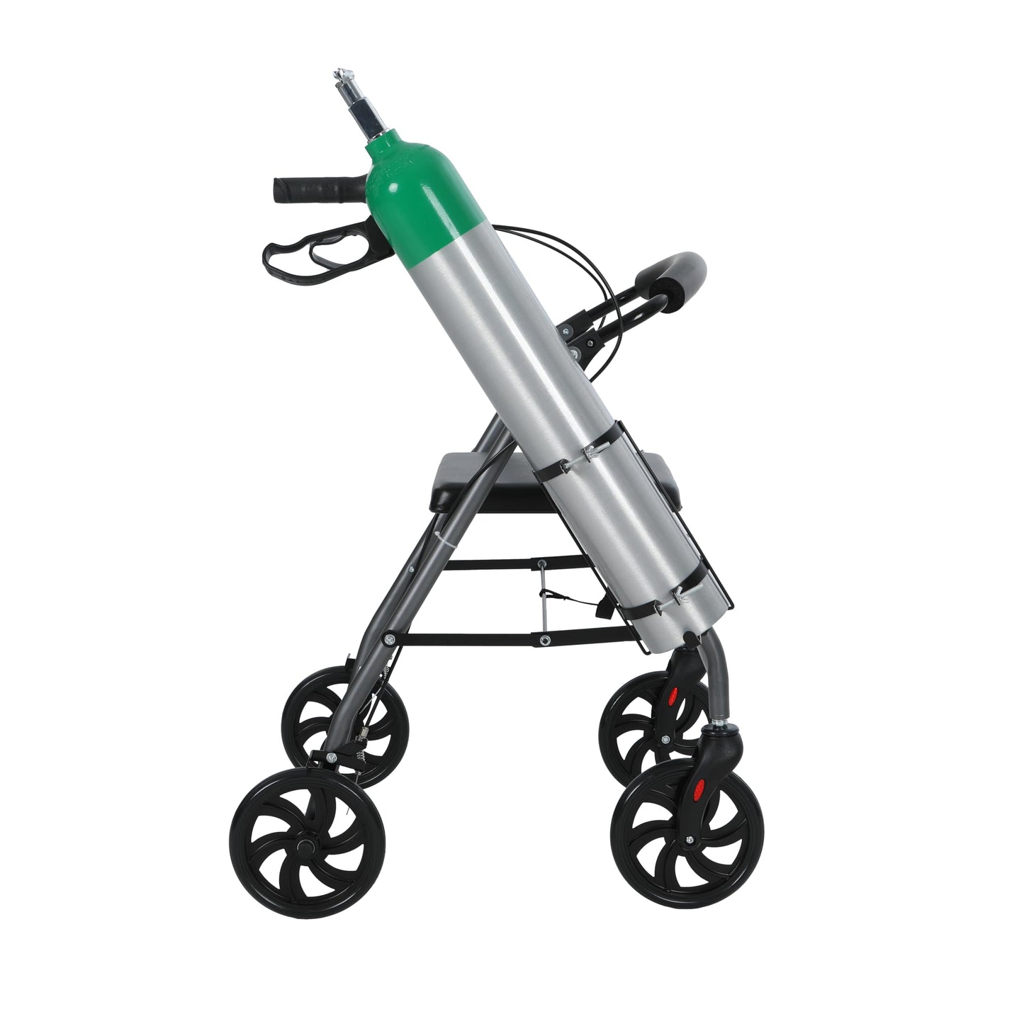 Oxygen Tank Holder for Walker, Rollator & Wheelchair – Fits D & E Size Cylinders – Steel Bracket with Secure Straps – with Cup Holder – Easy Install for 1" or 1 1/8" (25–28.6 mm) Tubes