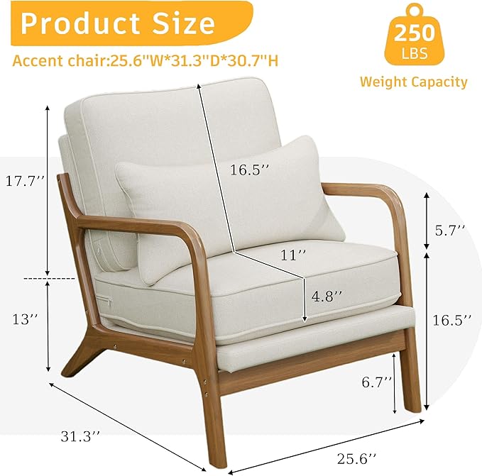 SEYNAR Mid-Century Accent Chair,Linen Fabric Lounge Chair with Wide Armrest,13-16.5'' Low Seat Height Armchair with Lumbar Pillow & Solid Wood Frame for Living Room, Bedroom, Balcony(Beige)