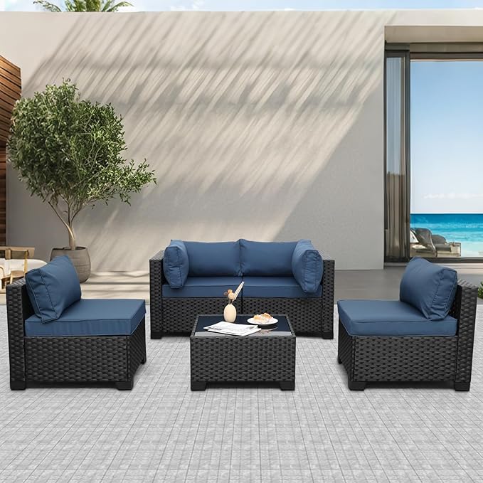 WAROOM Outdoor Patio PE Wicker 5 Piece Furniture Set, Black Rattan Sectional Conversation Sofa Chair with Coffee Table, Navy Blue Cushion