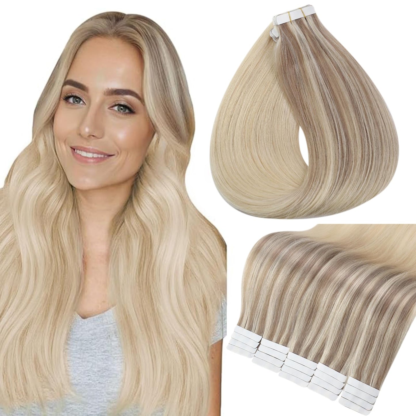 Full Shine Balayage Tape in Extensions Real Human Hair 16Inch Seamless Tape in Hair Extensions 18 Ash Blonde Fading to 22 Light