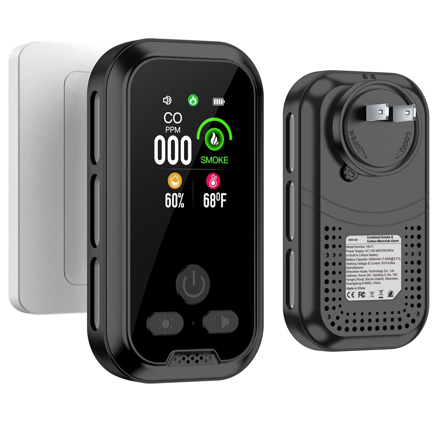 HAKINAKU 4IN1 Plug in Smoke & Carbon Monoxide Detector Combination Builti-in 2000 mAh Backup Battery HD Screen [Smoke CO Temp Humidity Sensor] Alarm for Home Travel Hotel Indoor (Black)