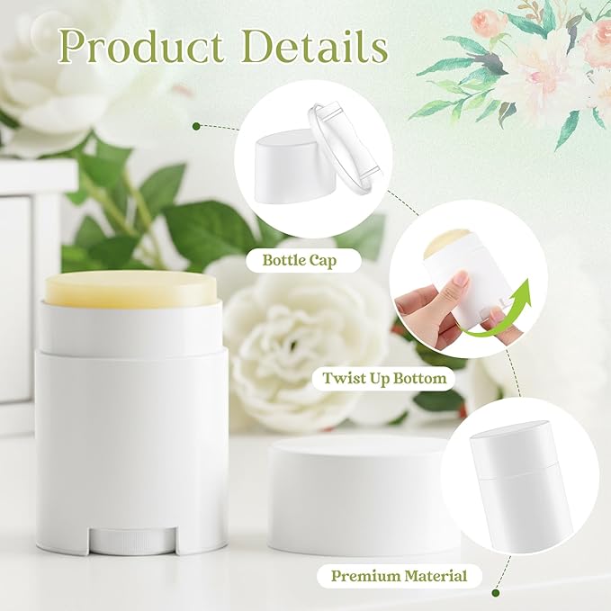 30 Pack 30ml/1oz Empty Deodorant Containers, Bottom Filling, White Plastic Oval Refillable Deodorant Containers Twist up Oval Lip Balm Tube for DIY Deodorants Lipstick Crayon Lotion