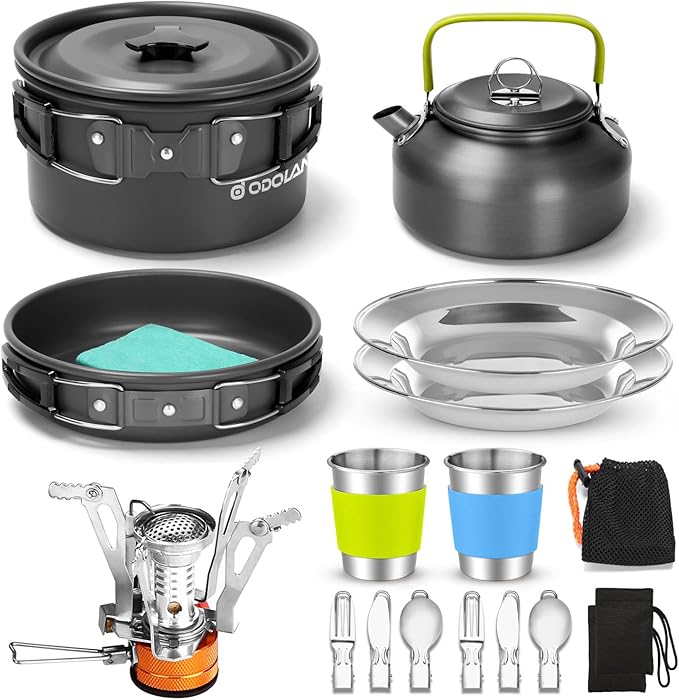Odoland 16pcs Camping Cookware Set with Folding Camping Stove, Non-Stick Lightweight Pot Pan Kettle Set with Stainless Ste...