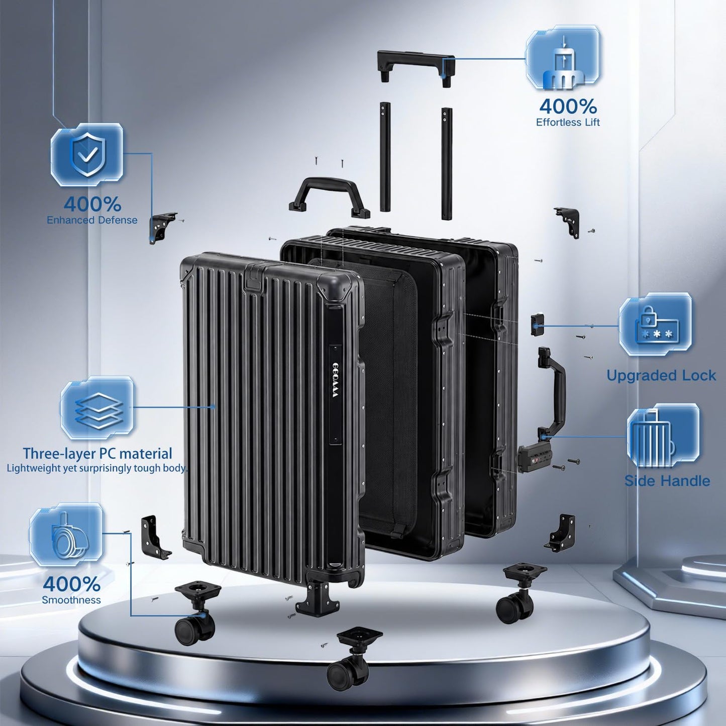 XEALYUE 30 Inch Aluminium Frame Checked Luggage, Extra Large Hardside Suitcase with Spinner Wheels, TSA Luggage Lock, Zipperless Travel Trunk, USB & Type-C Charging Port, Cup Holder(Black, 30 Inch)