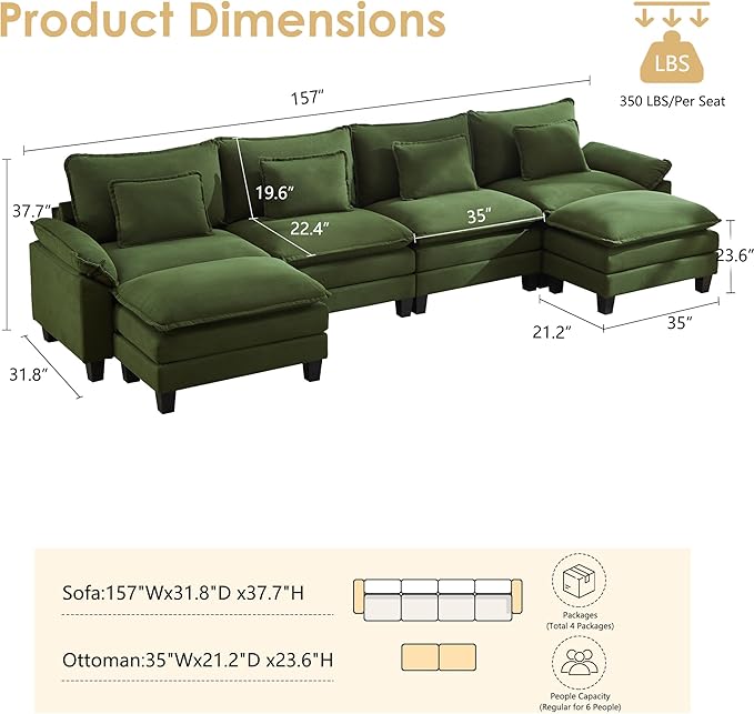 URRED Cloud Couch Modular Sectional Sofa, 157" Modern U Shaped Deep Seat Sofa with 2 Ottomans & Pillows, Ultra Comfy Corduroy Couches for Living Room, Bedroom or Apartment, Green