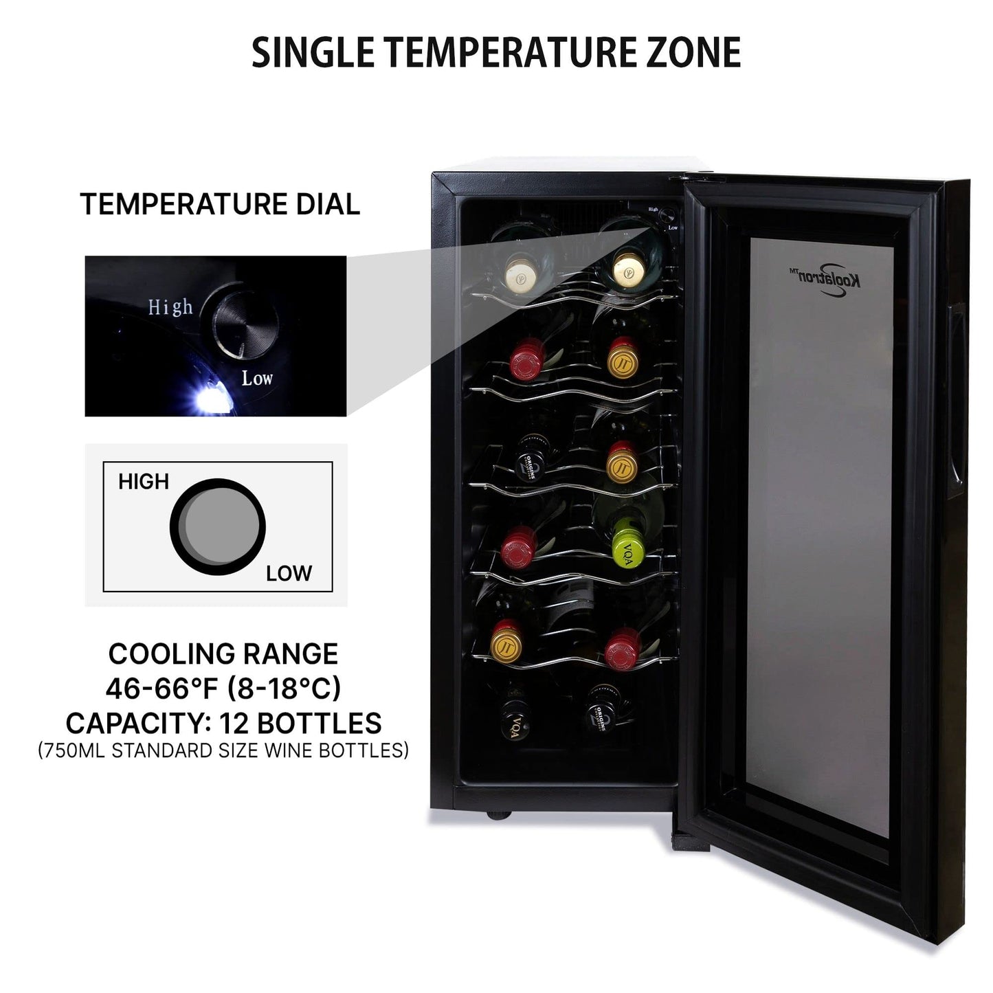 Koolatron Wine Fridge - Wine Cooler, 12 Bottle Wine Cabinet for Champagne, Red & White Wine, Freestanding Cellar For Bar, Home, Small Kitchen, Double Paned Glass Door