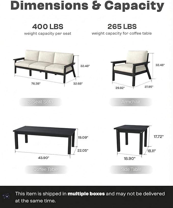 Patio Kingdom Patio Furniture Set 2 Seats, HDPE Outdoor Sectional with Beige Washable Thick Cushions, Coffee Table, Patio Conversation Sets for Lawn, Garden, Porch, Balcony, Deck (Black Frame)