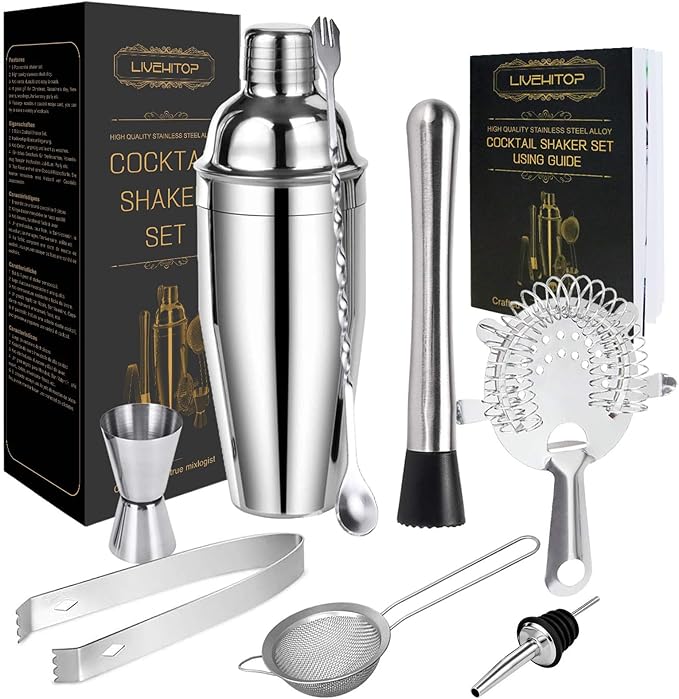 LIVEHITOP Cocktail Shaker Set, Stainless Steel Bartending Kit with 25 oz Martini Shaker, Jigger, Strainer, Mixing Spoon, M...