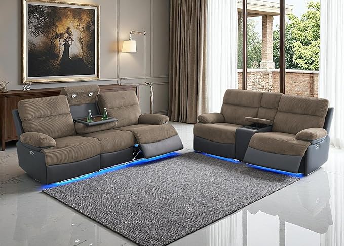 Toseslo Power Recliner Sofa and Loveseat Set, Living Room Furniture, Fabric Reclining Sectional Couches with Drop-Down Table, Reclining Sofa with Cup Holders/Storage Console for House