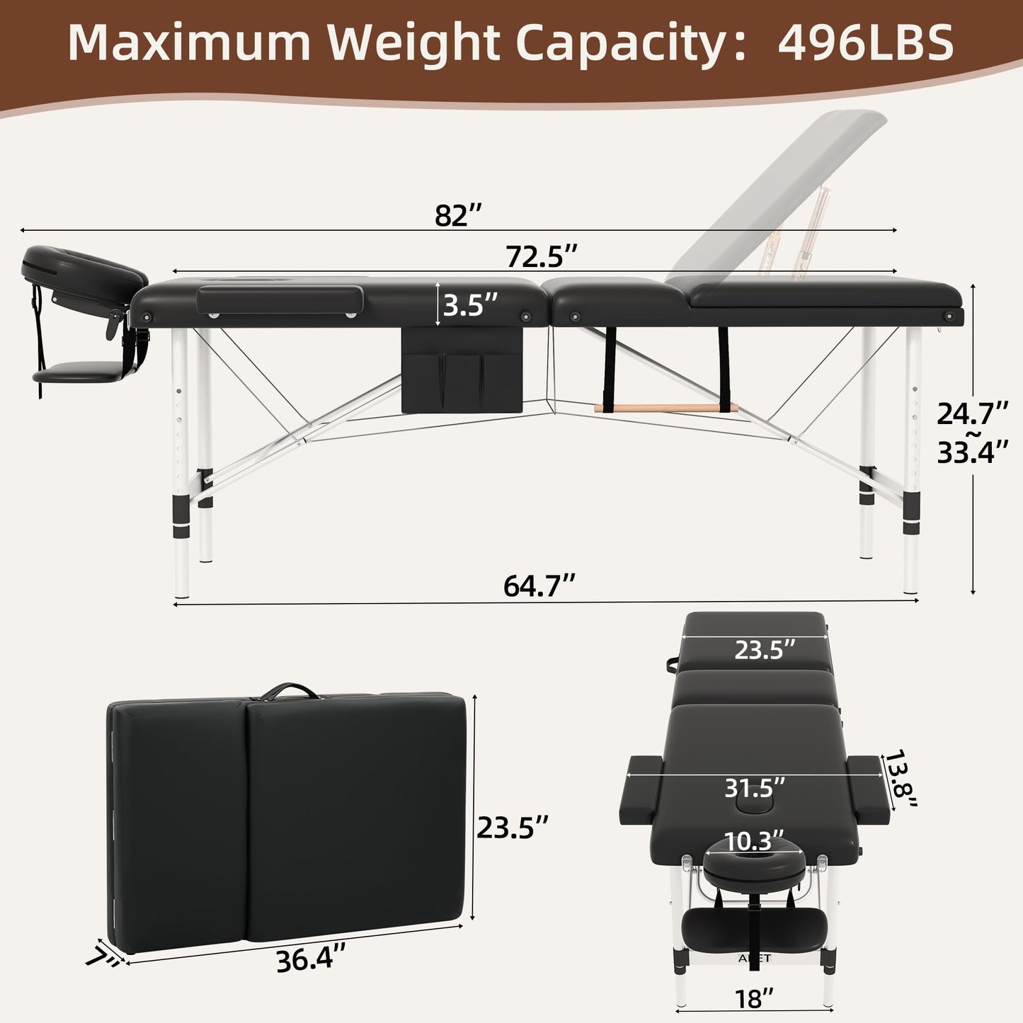 ABET Massage Table, 3 Fold Portable Professional Lash Tattoo Spa Bed, Height Adjustable 23.5" Wide Compact Facial Table with Detachable Oil Pocket Towel Rod Face Cradle Armrest, Aluminum Feet & Black
