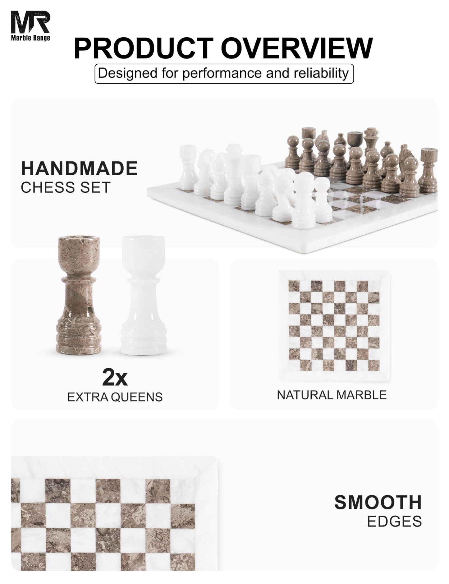 Marble Chess Set for Adults 12" Handmade White & Oceanic Board Game with 32 Chess Pieces, 2 Extra Queens & Storage Box, Luxury Travel Game, Elegant for Home Decor