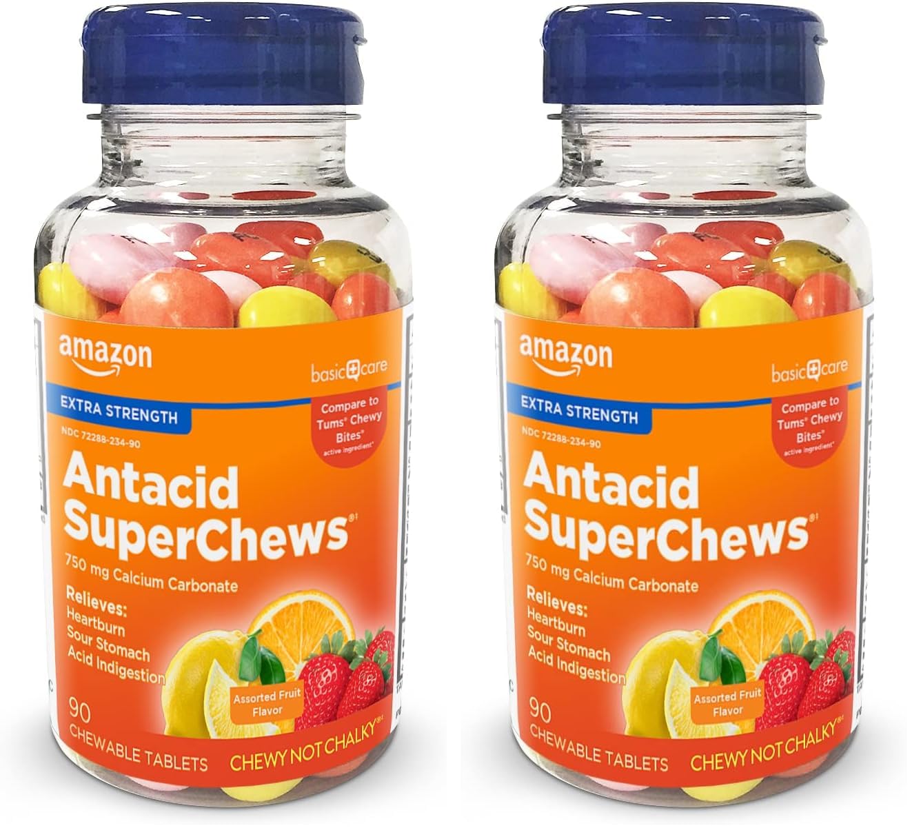 Amazon Basic Care Extra Strength Antacid SuperChews Chewable Tablets, Assorted Fruit, 90 Count (Previously SoundHealth) Orange, Pink, Yellow (Pack of 2)