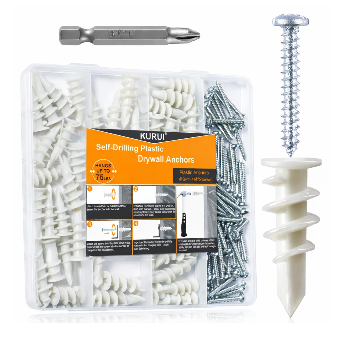 KURUI 140Pcs #8 Self Drilling Drywall Anchors with Screws Kit, Heavy Duty Dry Wall Anchors for Hanging Sheetrock, 50 Self-Tapping Plastic Drywall Hangers 50 Sheet Rock Screws, Mounting Hardware -75LB