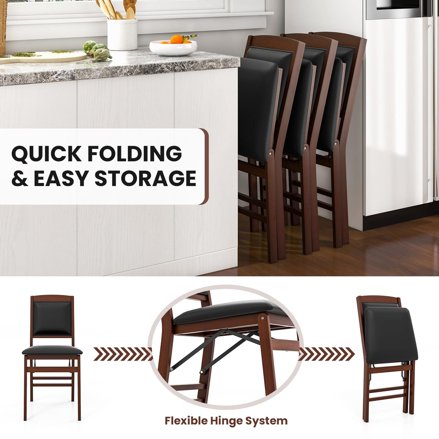 Giantex Folding Dining Chairs Set of 2, Foldable Wood Kitchen Chairs with Padded Seat, Solid Wood Frame, Max Load 400 Lbs, No Assembly Easy to Store Wooden Dining Chairs for Apartment, Small Space