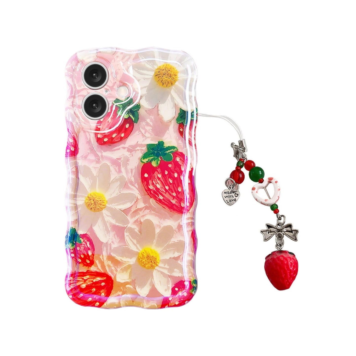 Tewwsdi Red Strawberry Phone Case with Charm for iPhone 17 6.3in,Retro Stylish Glossy Oil Painting Flower Laser Glossy,Aesthetic