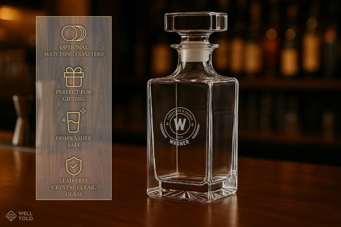 Personalized Whiskey Decanter & Glassware Gift Set – Custom Monogram Decanter with Rocks Glasses & Coasters – Premium Lead-Free Glass – Gift for Men, Groomsmen, Father’s Day, Retirement