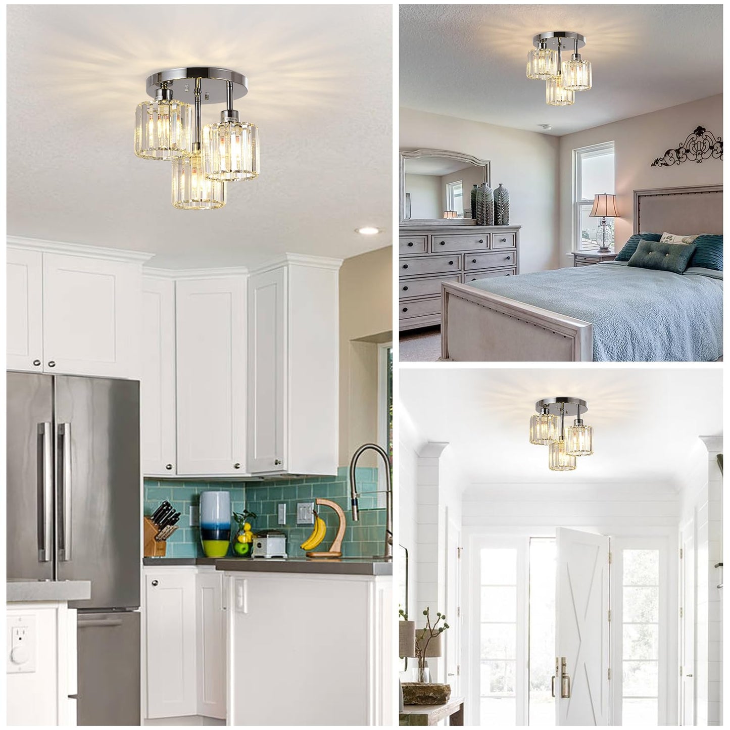 PAUFUL Semi Flush Mount Ceiling Light,3-Light Modern Close to Ceiling Light Fixtures,Kitchen Light with Clear Crystal Shades, Hallway Light Fixtures for Kitchen Entryway Bedroom Bathroom Foyer