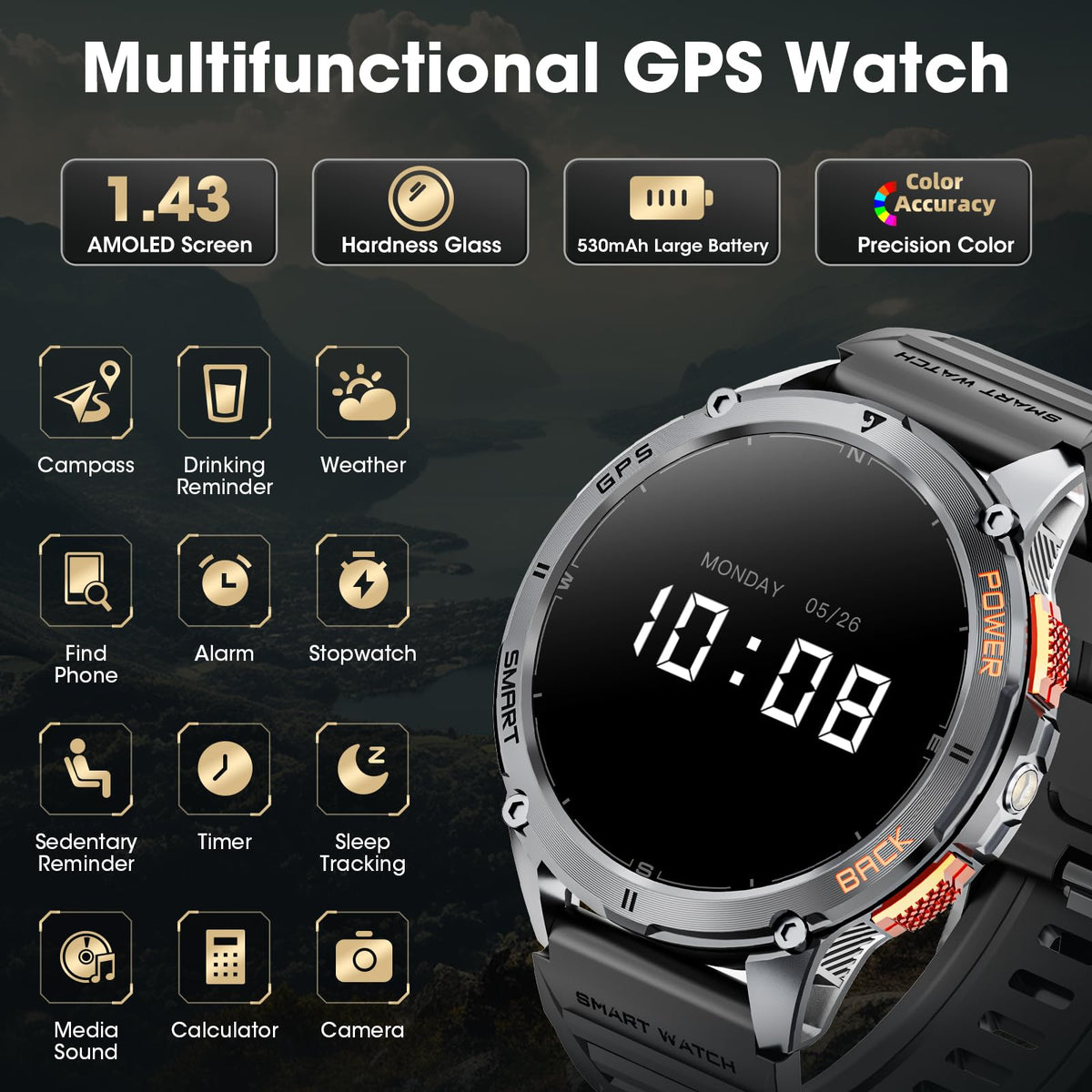 Military Smart Watch for Men with GPS, 1.43" AMOLED Bluetooth Call Smartwatch with LED Flashlight, Rugged Smart Watches for Android iOS, IP68 Waterproof Fitness Tracker with Heart Rate (Black)