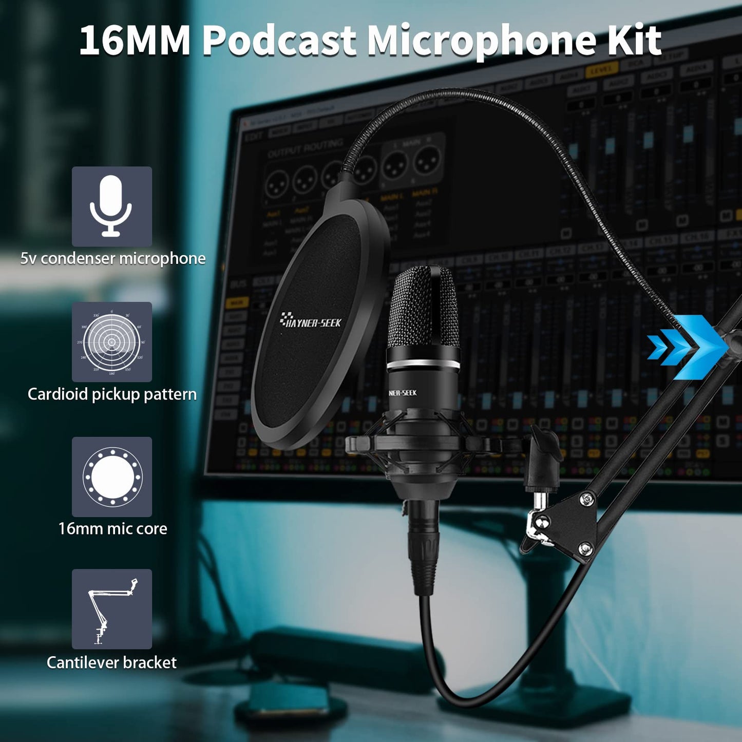 Hayner-Seek Podcast Equipment Bundle For 2, Dj Mixer With 3.5Mm Diaphragm Condenser Microphone For Live Streaming, Podcast Recor
