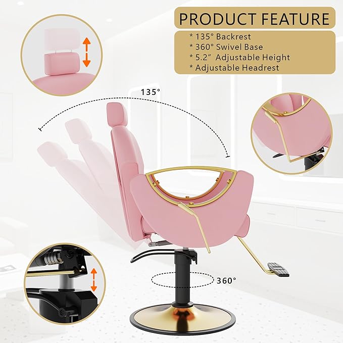 Barber Chair, Reclining Hair Salon Chair, 360 Degrees Swivel Styling Chair, Height Adjustable Hydraulic Shampoo Chairs, Spa Equipment (Pink)