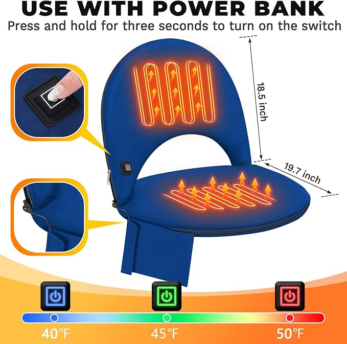 Teenyyou Heated Stadium Seat Cushion for Bleachers with Back Support Extra Portable Foldable Heating Stadium Seats Chair Pad with USB 3 Level Heating Pocket for Outdoor Sport