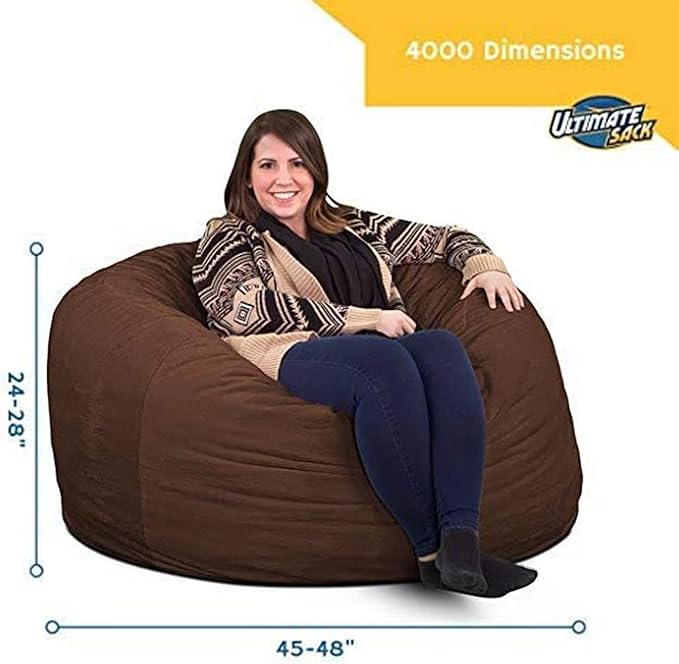 Ultimate Sack 4000 4-Foot Bean Bag Chair, Brown Suede Cover – Oversized Foam Lounger, Floor Seat, Small Sofa, or Couch Bed for Living Area, Gaming Room, or Reading Lounge