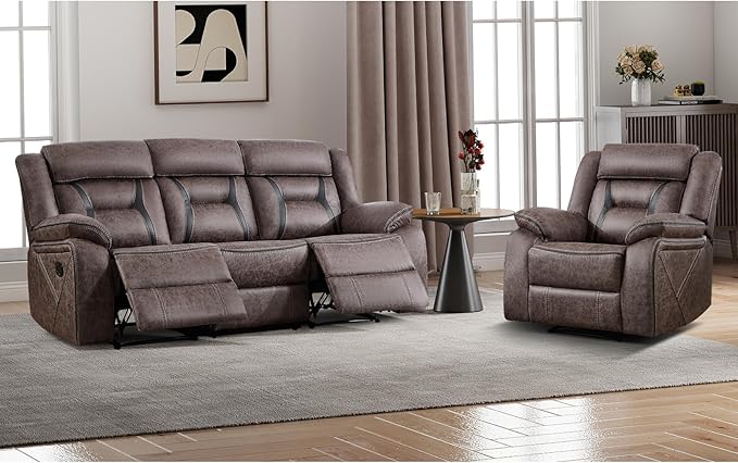 EBELLO Manual Recliner Sofa Set, Faux Leather Reclining Living Room Furniture Set, Included Recliner Chair and 3 Seat Manual Recline Sofa, Grey