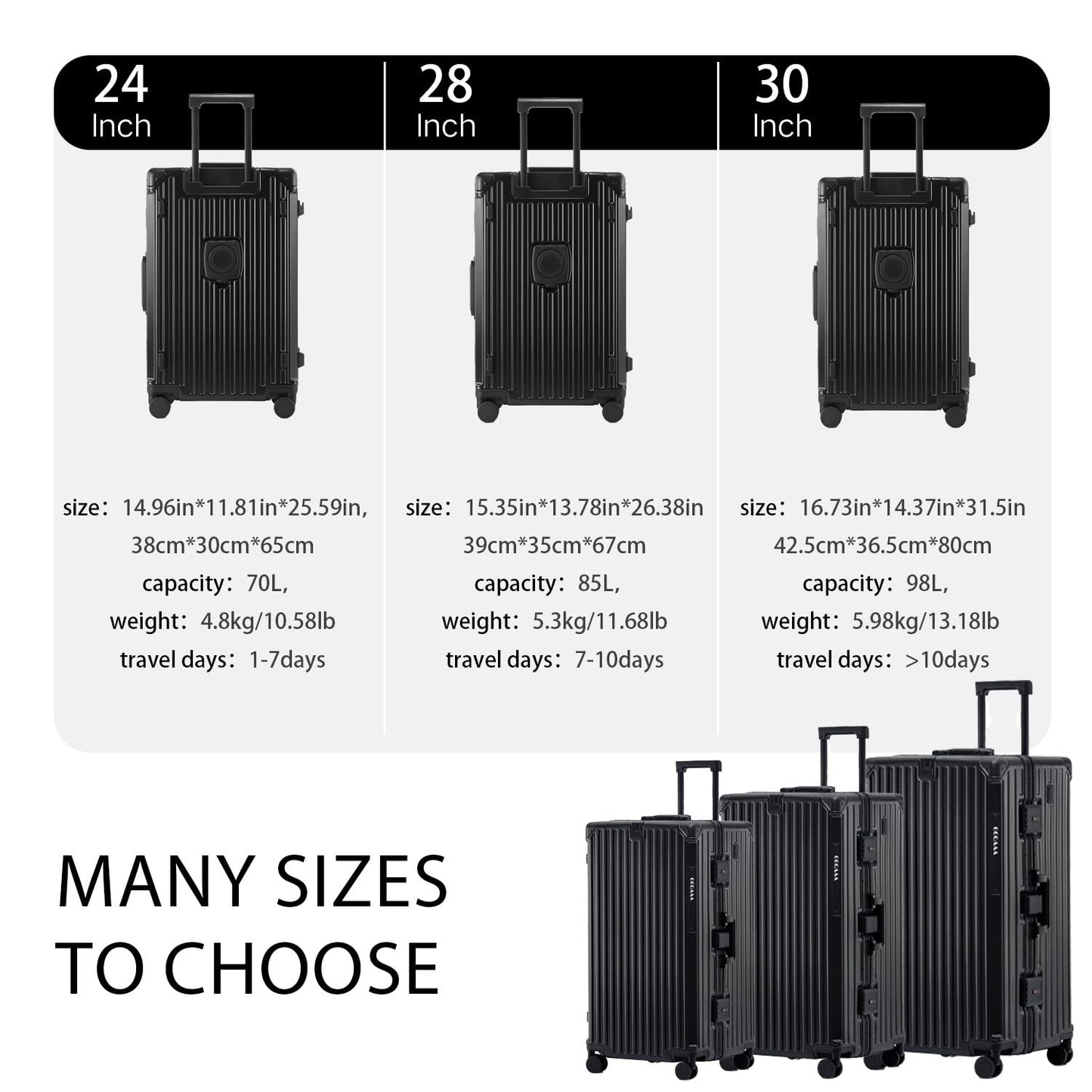 XEALYUE 30 Inch Aluminium Frame Checked Luggage, Extra Large Hardside Suitcase with Spinner Wheels, TSA Luggage Lock, Zipperless Travel Trunk, USB & Type-C Charging Port, Cup Holder(Black, 30 Inch)