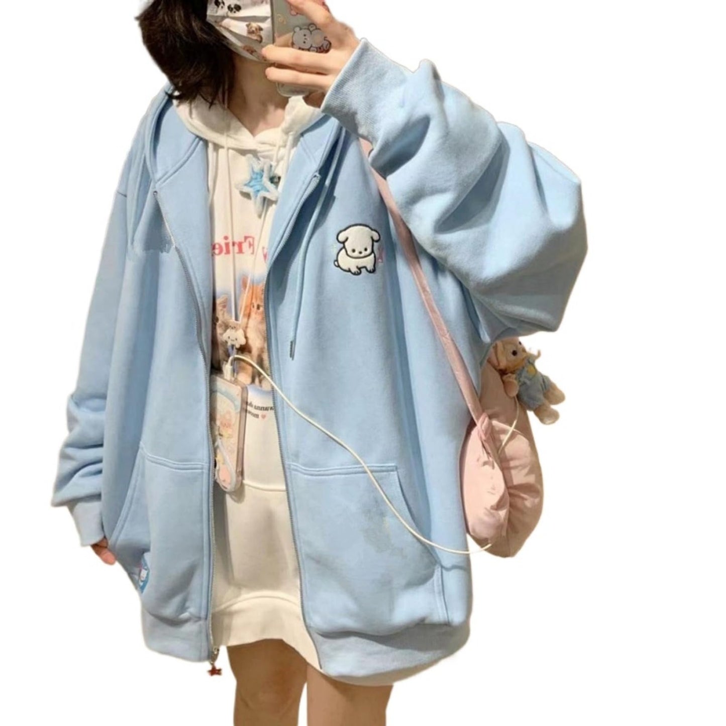 QJK Kawaii Clothes Cute Hoodie Y2k Jacket Zip Up Y2k Hoodies for Teen Girls Oversized Hoodie (Blue,S,Small)