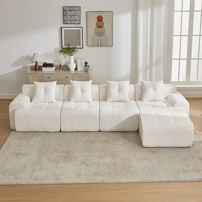 YAAREE 101.65” Modular Sectional Couch for Living Room, 3-Seater Cloud Sofa with Deep Seat, Woven Texture Upholstery Boneless Couch, No Assembly, Beige