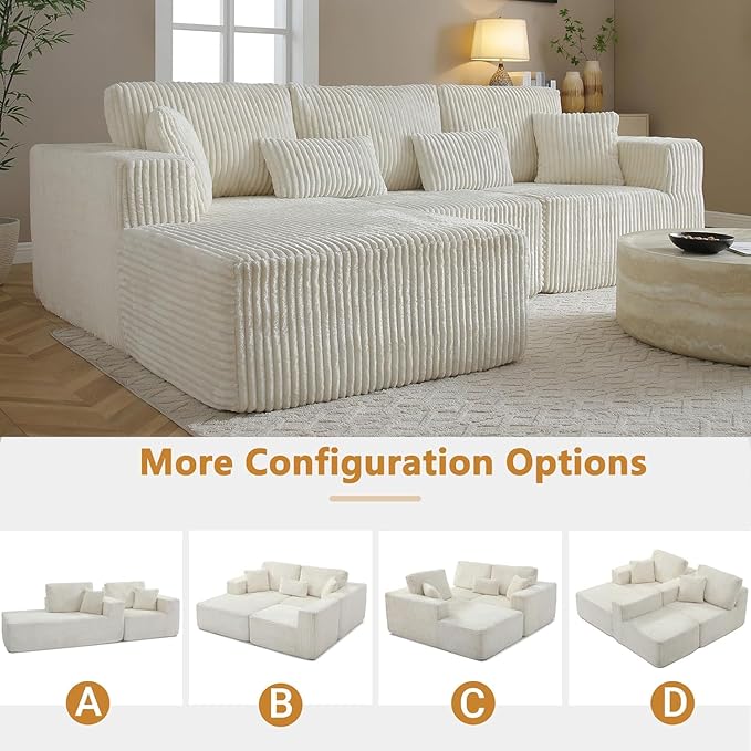 Vanress 110" Cloud Couch Sectional, Corduroy Boneless Couch with L-Shape Chaise,Modern Modular Sectional Sofa Comfy Deep Seat for Living Room, Bedroom, No Assembly (White, Right Facing Chaise)