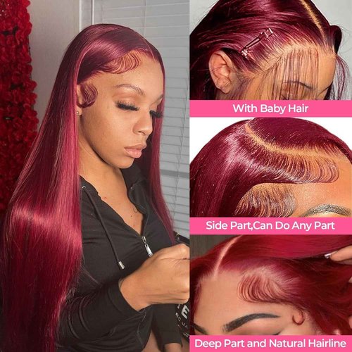 PiPiHA 99j Burgundy Lace Front Wigs Human Hair Straight Lace Front Wigs Human Hair Pre Plucked 13x4 HD Glueless Red Human Hair Wigs For Women 180% Density (22 Inch, 99j)