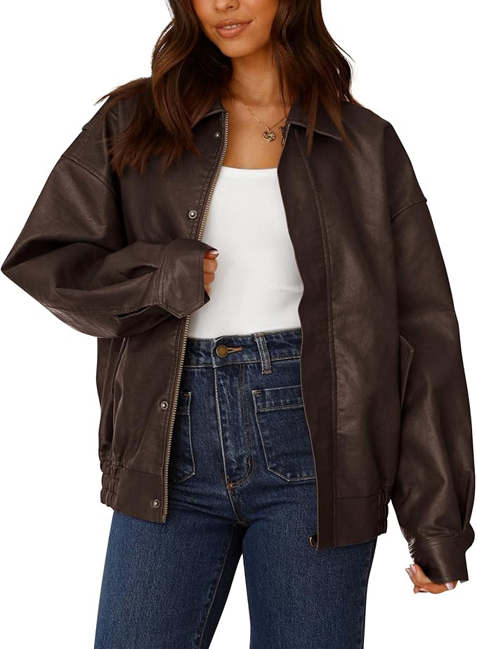 PRETTYGARDEN Women's Faux Leather Motorcycle Jacket Trendy Fall Spring Clothes Oversized Zip Up Winter Coat Outerwear