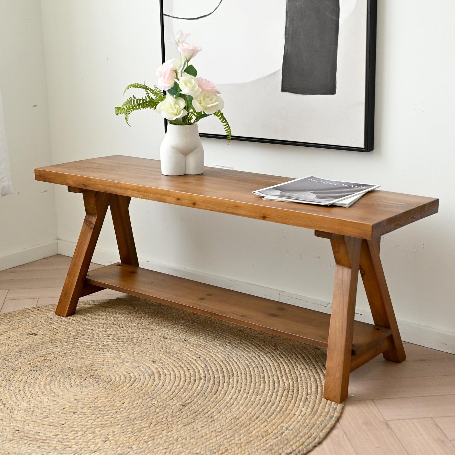SwallowLiving 43 Inch Farmhouse Storage Bench, Rustic Solid Wood Entryway Bench for Living Room, Dining Room, Hallway | Indoor Seating with Natural Wood Finish