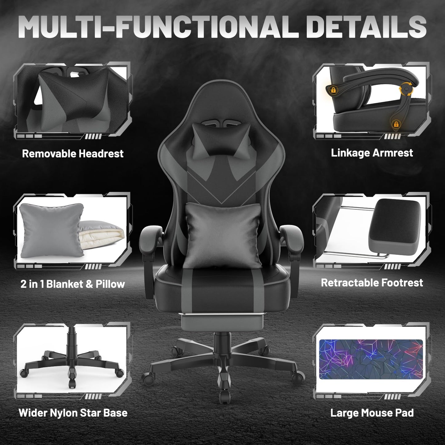 Soontrans Grey Gaming Chair with Large Mouse Pad, Ergonomic Computer Office Chair with Wider Seat Cushion, Reclining PU Leather Gamer Chair with Footrest for Adults, High Back Video Game Chair