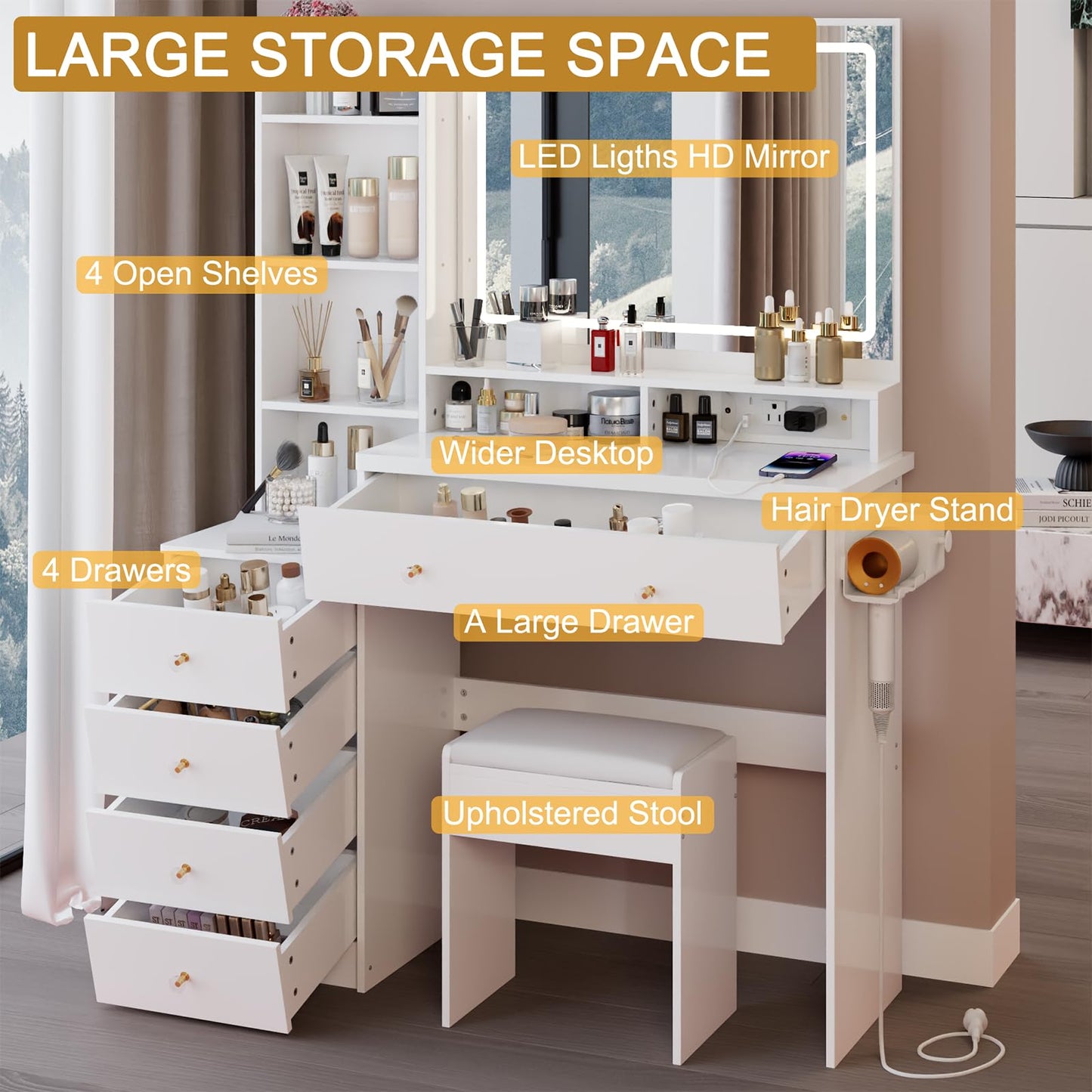 ESENATI Vanity Desk with Mirror and Lights,Makeup Vanity with Power Outlet,Hair Dryer Rack,5 Drawers,Storage Shelves,3 Light Modes Adjustble Brightness,Dressing Table with Stool for Bedroom,White