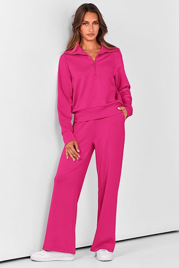 PRETTYGARDEN Women's 2 Piece Outfits Casual Lapel Half Zip Sweatshirts and Wide Leg Pants Tracksuit Sets