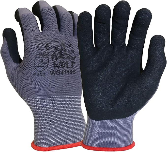 WOLF Ultra-Thin Nitrile Foam Palm Coated Glove with Tacky Dot Grip, Multi Purpose