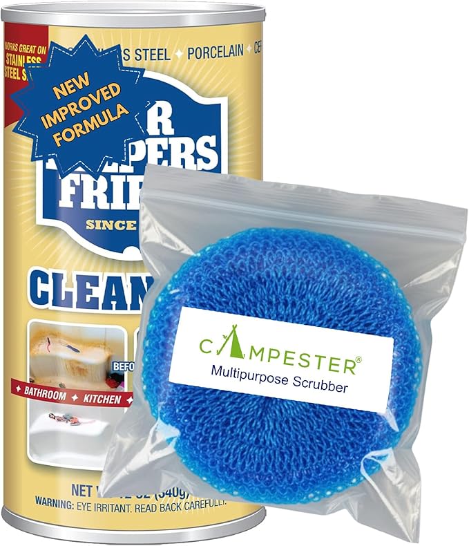 Campester Powdered Cleanser 12 oz with Nylon Scourer Scrubber – Multi-Surface Rust, Stain & Mineral Deposit Remover for Kitchen, Bathroom, Cookware & Appliances