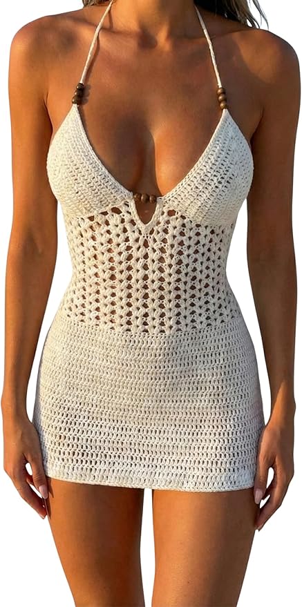 Women Crochet Halter Mini Dress Beach Cover Up