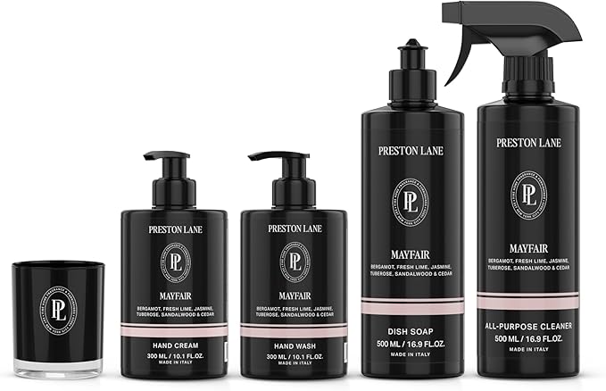 Preston Lane Signature Home Set – All Purpose Cleaner, Dish Soap, Hand Wash, Hand Cream & Scented Candle | Plant-Powered Cleaning & Care Essentials with Fine Italian Fragrance, Mayfair