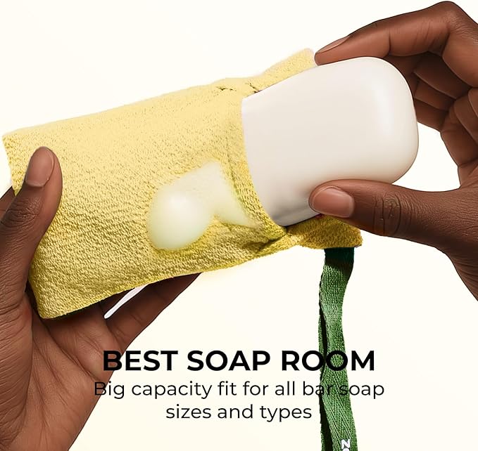 ZOMCHI Bar Soap Saver Bag with Different Roughness, Exfoliating Soap Bag, Soap Pouch for Body Wash (2 Pieces, Yellow)