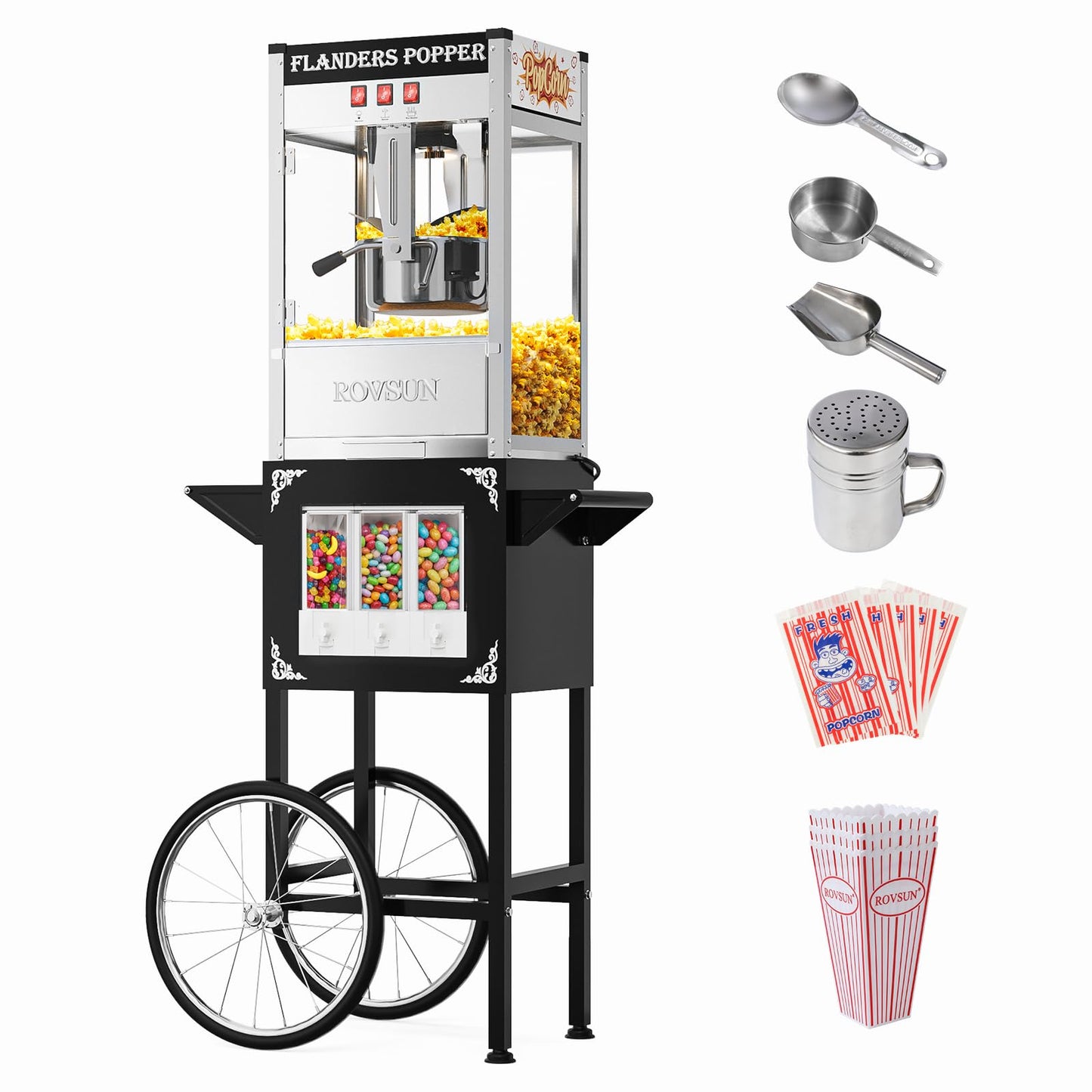 ROVSUN Popcorn Machine Cart with Candy Dispenser, 10 Oz Kettle Makes Up to 4 Gallons ETL, Popcorn Maker w/Scoop, Oil Spoon, Bags & Cups, Movie Theater Style Popper for Commercial Home Party, Black