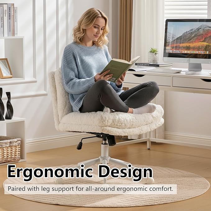 Cross Legged Office Chair with Wheels, Comfy Armless Office Chair with Extra-Deep Seat & 2-Layer Cushions, Adjustable Height, Tilt-Back Swivel Faux Fur Vanity Chair for Home Office, Cream