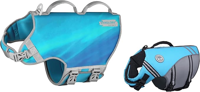 VIVAGLORY + Neoprene Dog Life Vest + Sports Style Dog Life Jacket, Swimming Vest with Handle, Ripstop & Buoyancy