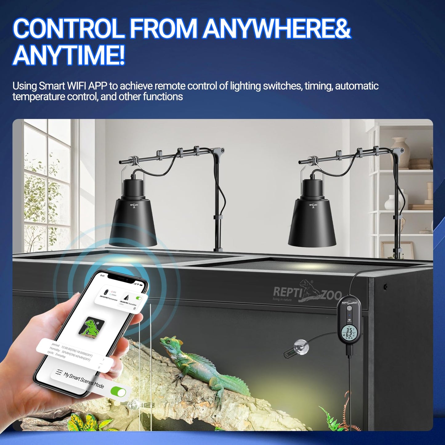 REPTI ZOO Smart WiFi Deep Dome Lamp Fixture & Thermostat Hygrostat Controller with Timing Combo, Reptile Light Fixture Reflector Cap, Day-Night Temperature & Humidity Monitor Control for Reptile Tank