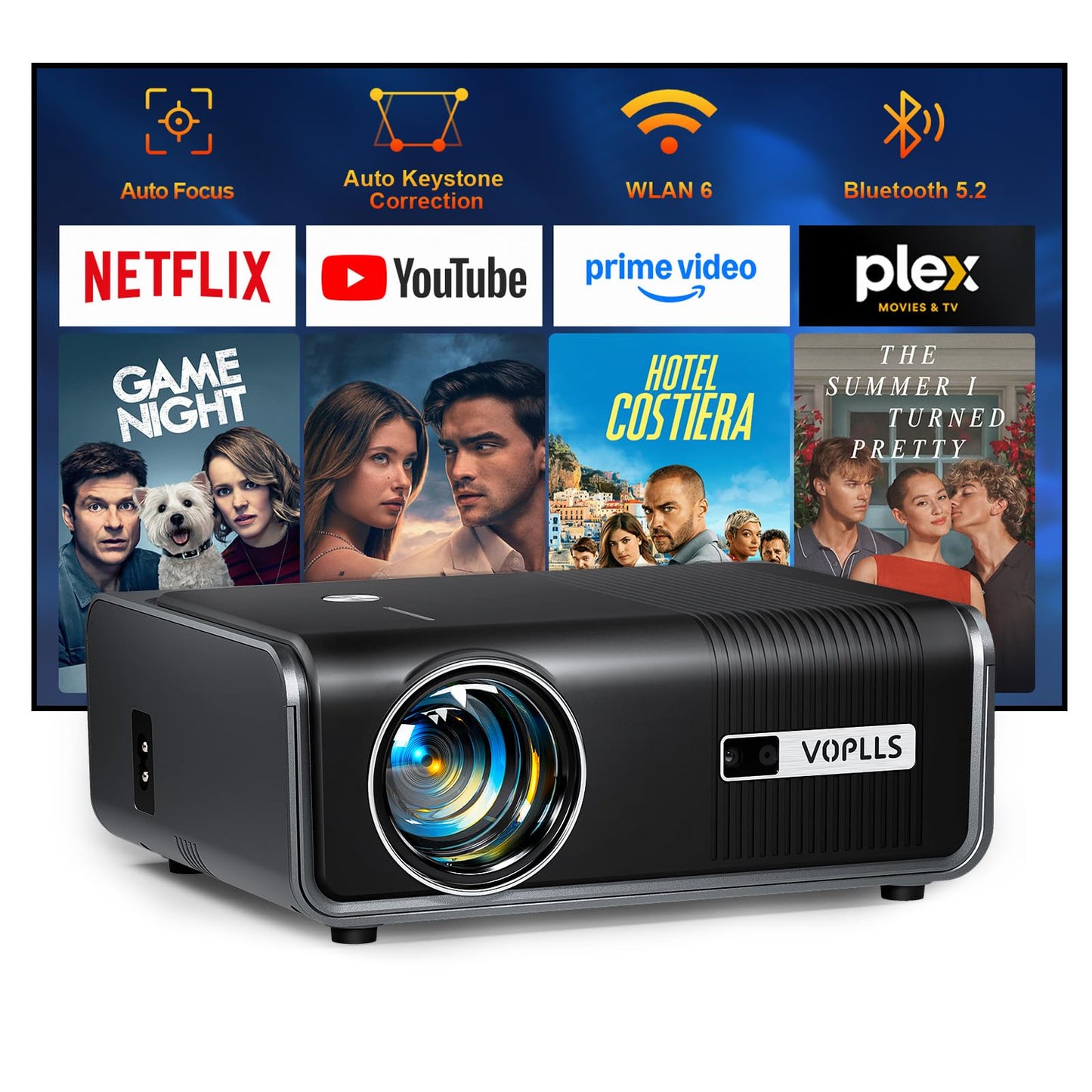 [2000 ANSI & Officially-Licensed APP] 4K Smart Projector with WiFi and Bluetooth, Auto Focus & Keystone, VOPLLS Native 1080P Portable Outdoor Projector, Mini Movie Proyector for Bedroom/Home