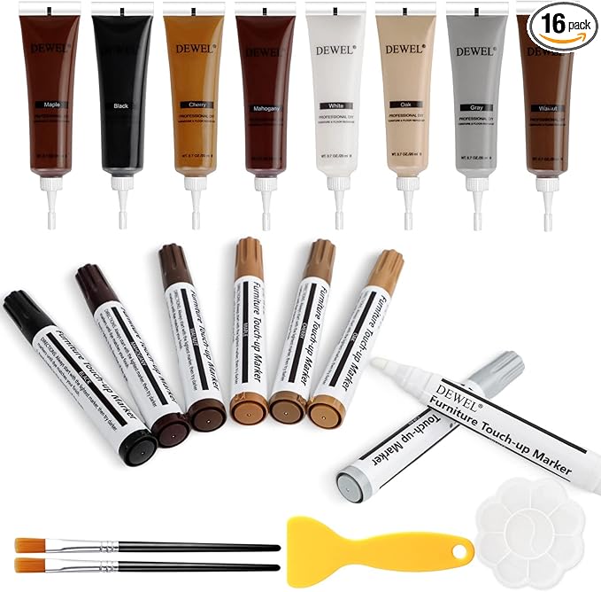DEWEL 8 Colors Wood Furniture Repair Kit - Wood Fillers and Touch Up Markers, Upgrade Wood Furniture Repair Kit，Repair Scratch, Cracks, Discoloration for Wooden Door, Floor, Table, Cabinet，Set of 20