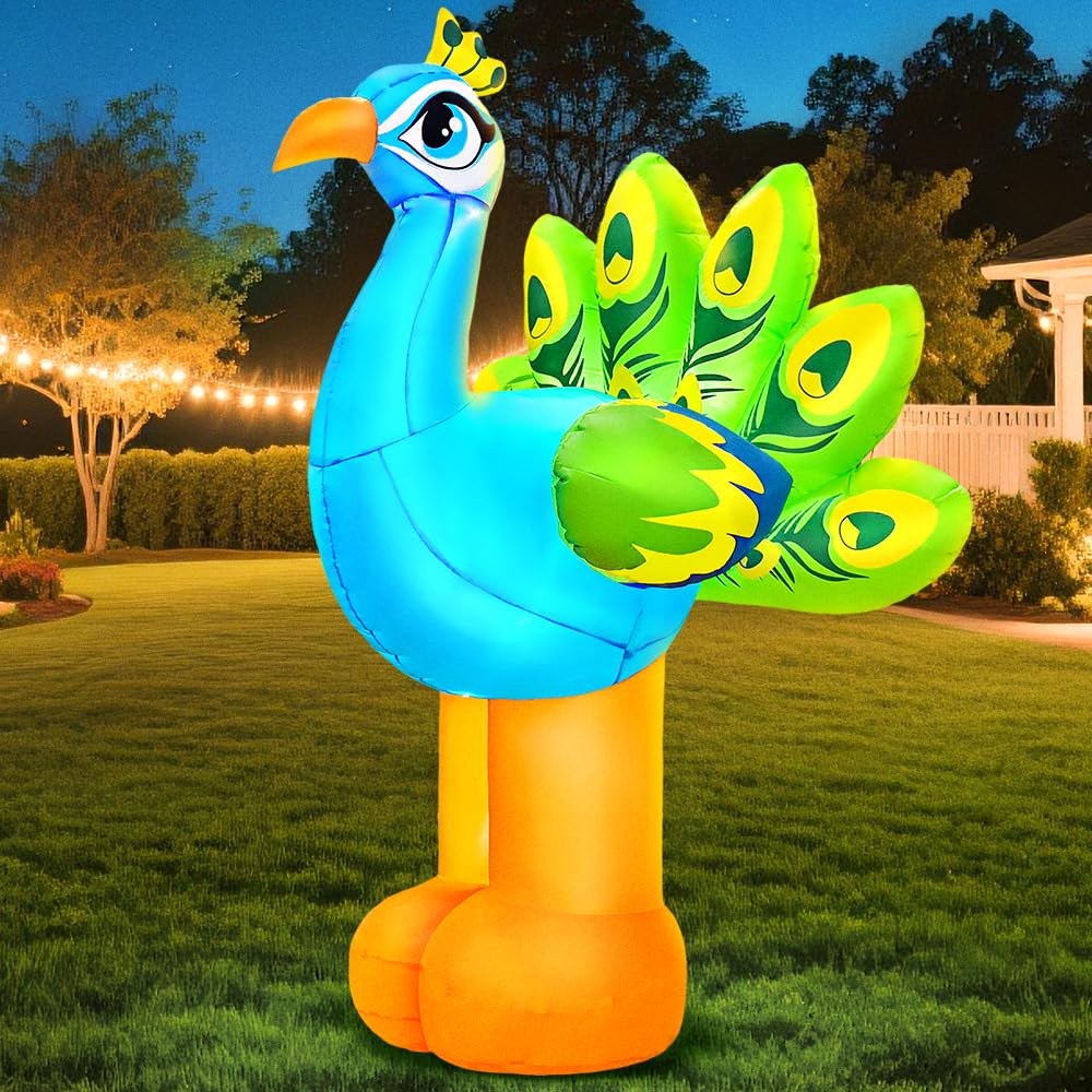 KOOY 6FT Peacock Decor Inflatable, Built in LED Lights Blow Up Animal Decorations for Garden, Peacock Garden Decor for Summer Beach Party Tropical Lawn Yard