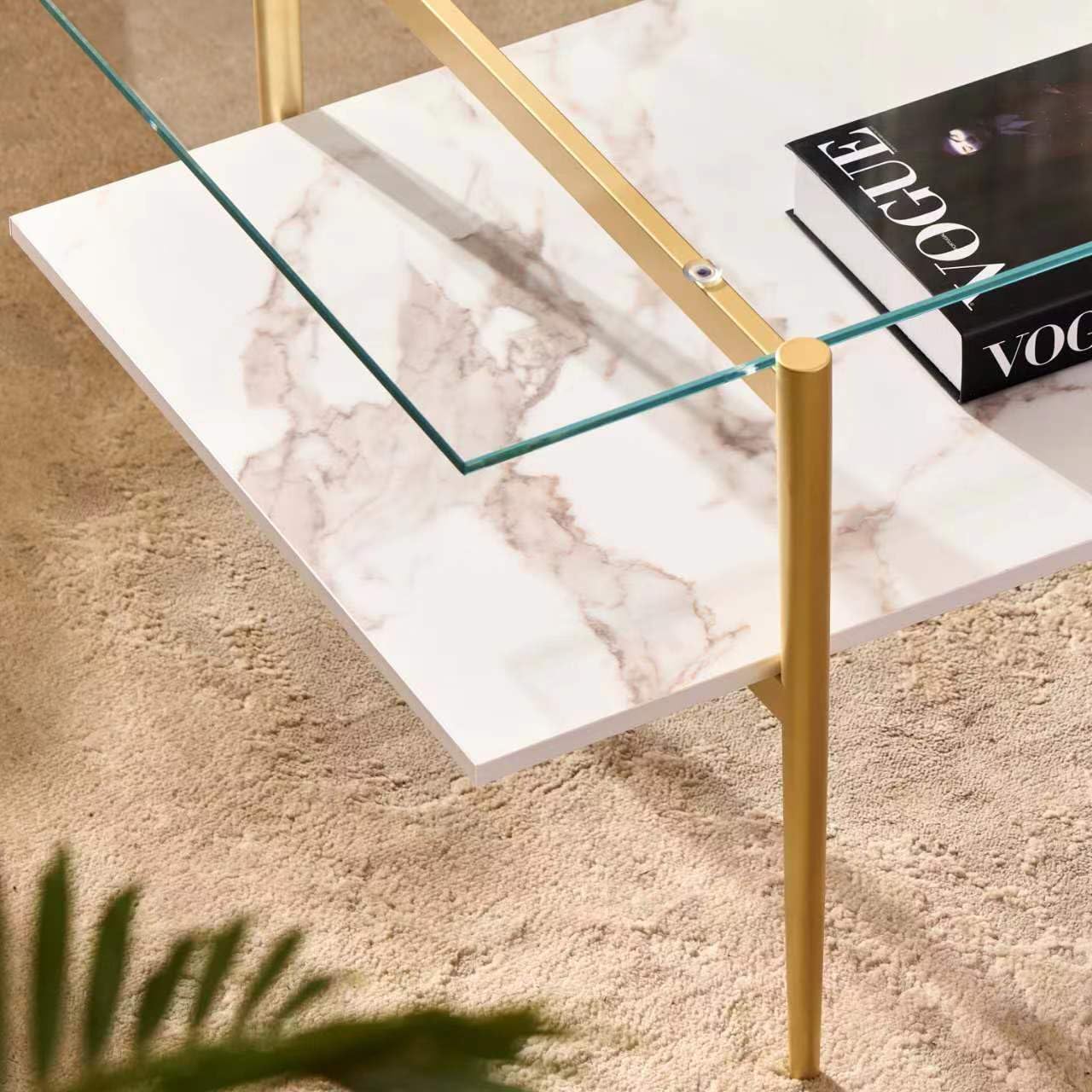 Shrine Rectangle Coffee Table, Mid-Century Modern Design, 2-Tier Structure, Clear Glass Top and White MDF Shelf, 41" D x 21" W x 17" H, Sleek Conical Metal Legs with Gold Finish
